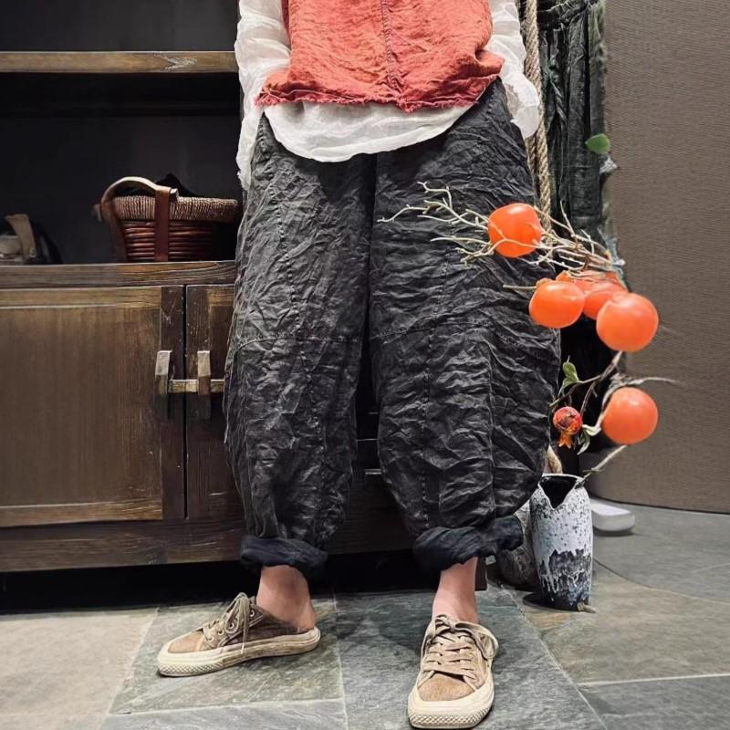 Johnature Women Harem Pants Solid Color Elastic Waist Pockets Patchwork Trousers Summer Loose Ankle Length Pants