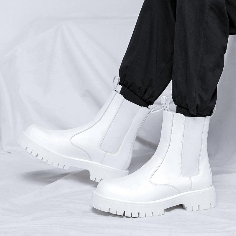 Fashion Men's Fashion Stage Nightclub Dress Chelsea Boots Black White Genuine Leather Shoes High Top Platform Boot Long Botas Masculinas