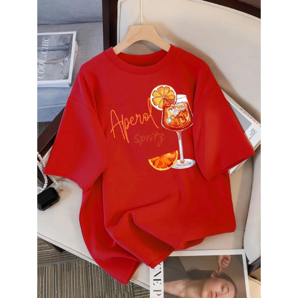 Lemon Red Wine Printed Women's Short Sleeved Round Neck T-shirt Women's Y2K Top New Fashionable and Comfortable Summer Women's Clothing