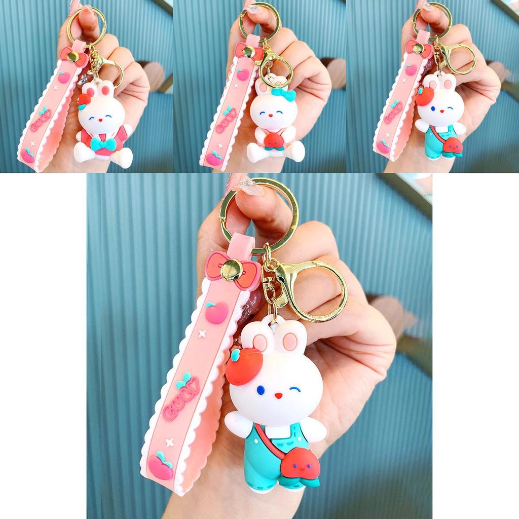Cute White Bunny Keychain Soft Plastic Peach Holding Rabbit Key Accessory