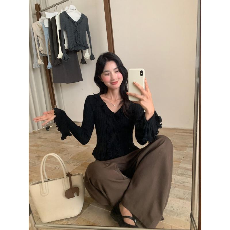 Pulover tricotat subțire cu dantelă ciupercă la modă, toamnă 2025 nou pulover de damă cu talie și decolteu în V 11950