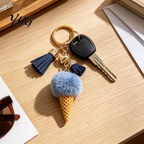 Soft Decorative Charm Plush Ice Cream Keychain for Backpacks, Fluffy Cone Keyring Decor Bag Charm, Pendant with Metal Ring Backpack Decoration