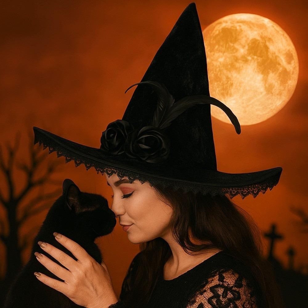 Lace Halloween Witch Hat Foldable Feather Halloween Cap Creative Flower Wizard Cap  Halloween Party