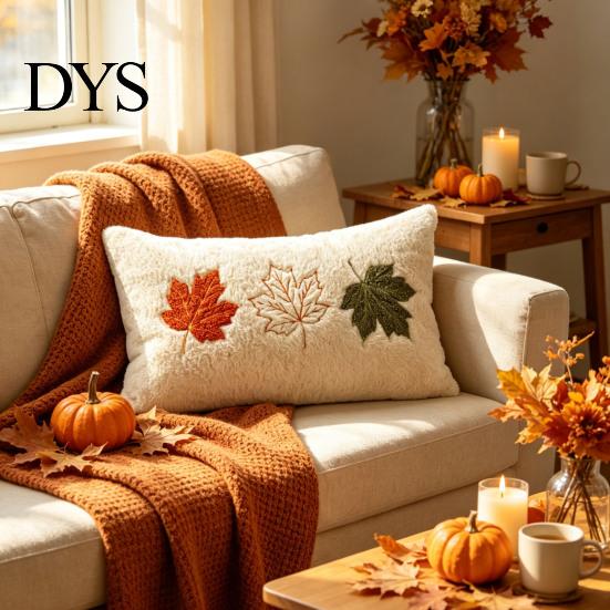 Farmhouse Throw Pillow Case Fall Plush Cushion Cover, Pumpkin Maple Leaf Embroidery Pattern Shams Autumn for Thanksgiving Home Decor Seasonal Textiles