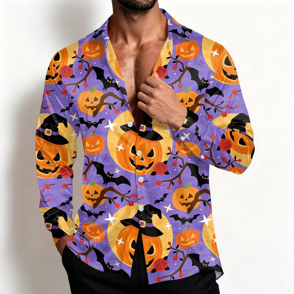 Men's Halloween Shirt Jacket Casual Loose Fit Lapel Collar Breathable for Spring and Fall