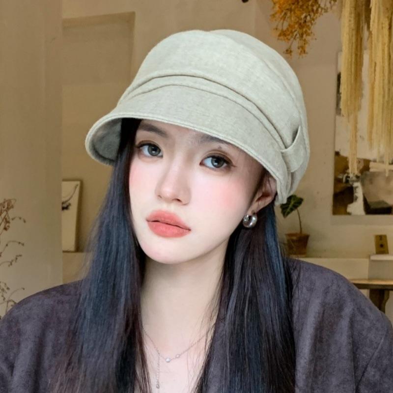 Autumn and winter gray woolen cap women's pleated stacked versatile newsboy hat spot