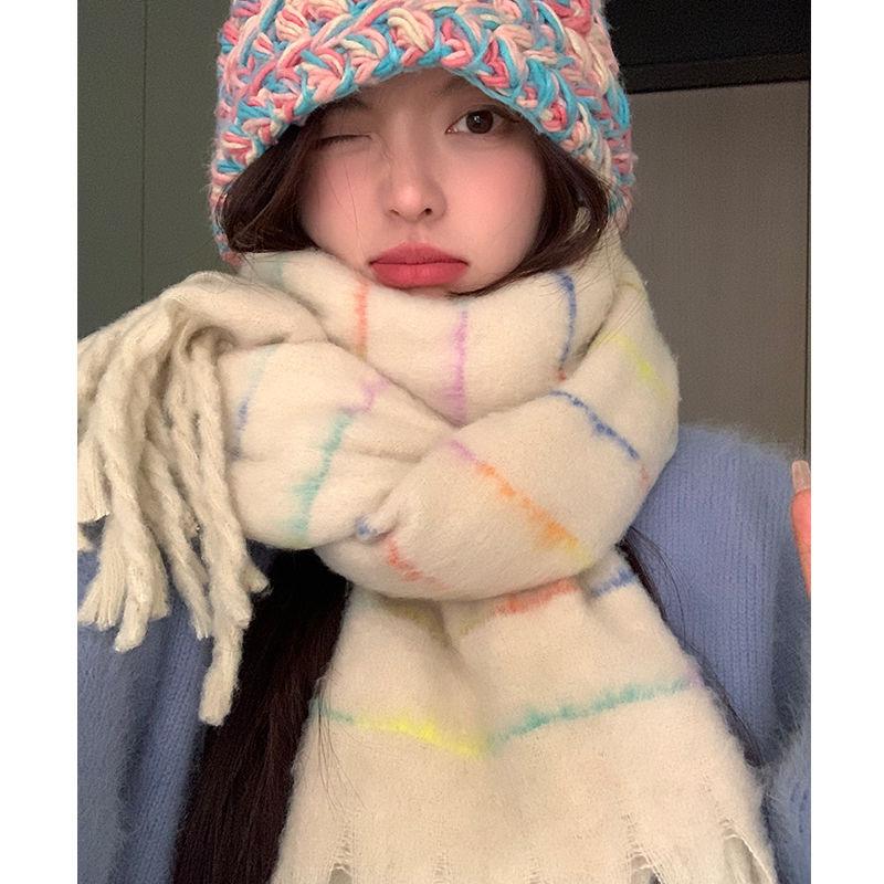 New High Sweet Plaid Dopamine Rainbow Gradient Striped Scarf for Women Autumn and Winter Warm Korean Student Sweet Scarf