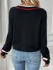 2025 Autumn/Winter Women's V-neck Knit Top with Color Block Trim - European & American Style, Versatile Long Sleeve Cotton Sweater
