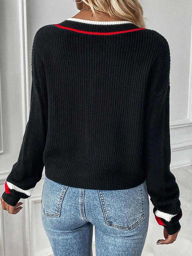 2025 Autumn/Winter Women's V-neck Knit Top with Color Block Trim - European & American Style, Versatile Long Sleeve Cotton Sweater