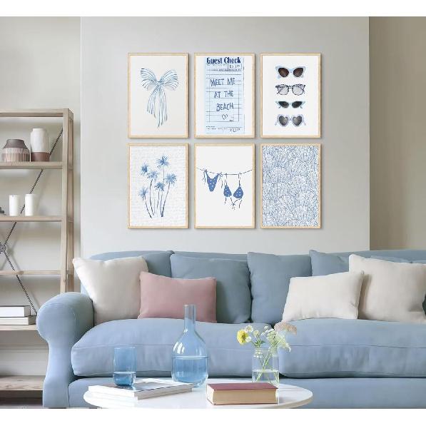 6Pcs Coast Bikini Preppy Canvas Wall Art Blue Shell Bow Coquette Picture Wall Decor Meet Me At The Beach Coastal Granddaughter Poster Print Artwork