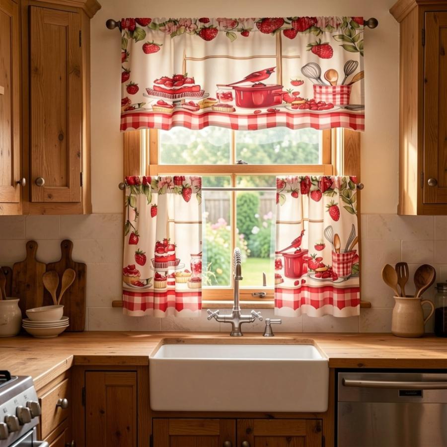 Strawberry Dessert Baking Print Kitchen Curtain, Red Gingham Border Rod Pocket Tiers for Spring Kitchen Cafe Home Decor
