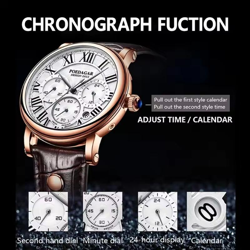 POEDAGAR Men Watch Fashion Chronograph Leather Quartz Watches Waterproof Luminous Sport Sport Wristwatch Six Needle Watch