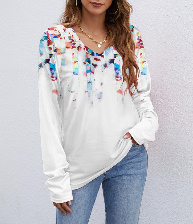 Europe, America wish Amazon independent station autumn and winter new V-neck printing long-sleeved women's T-shirt top