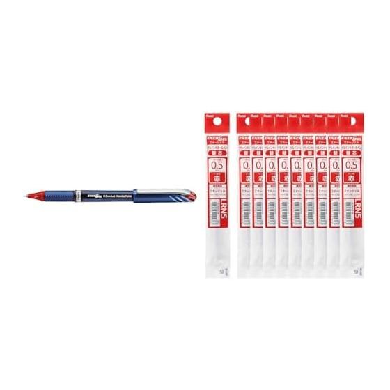 Pentel EnerGel Euro Gel Ink Ballpoint Pen BLN25-B, 0.5 Red, 10 Pens; EnerGel 0.5mm Refill XLRN5-B, Red, 10 Refills