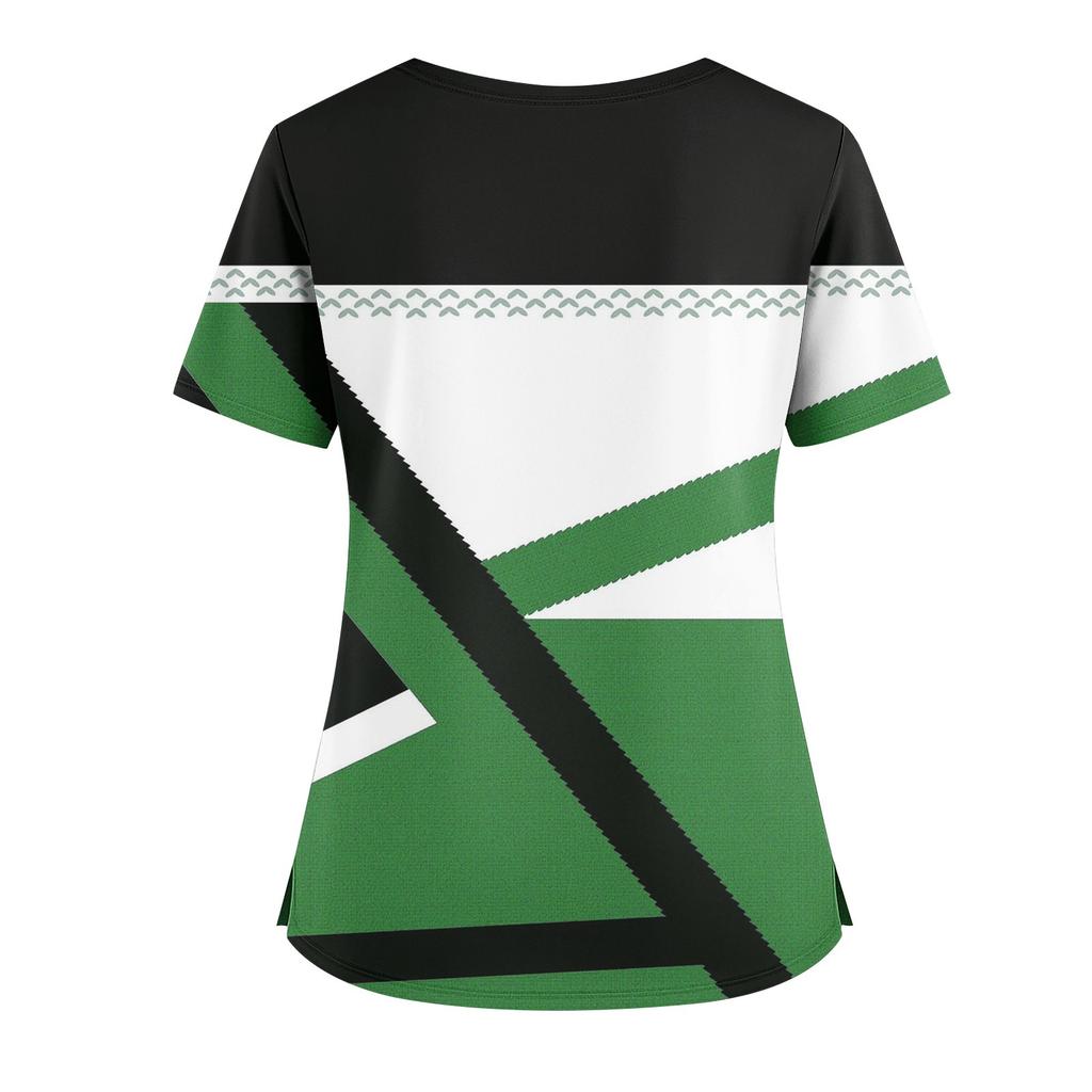 Women's Loose Short Sleeved Fashionable Square Printing V-neck Buttonable Side Slit Top T-shirt