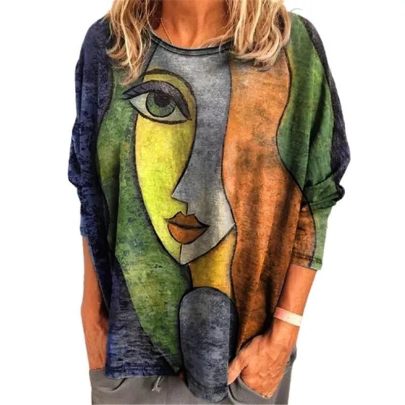 Abstract Art Pattern Print Women's T-Shirt Long Sleeve Autumn O Neck Lady Clothes Tops Oversized Harajuku Streetwear Female Tees