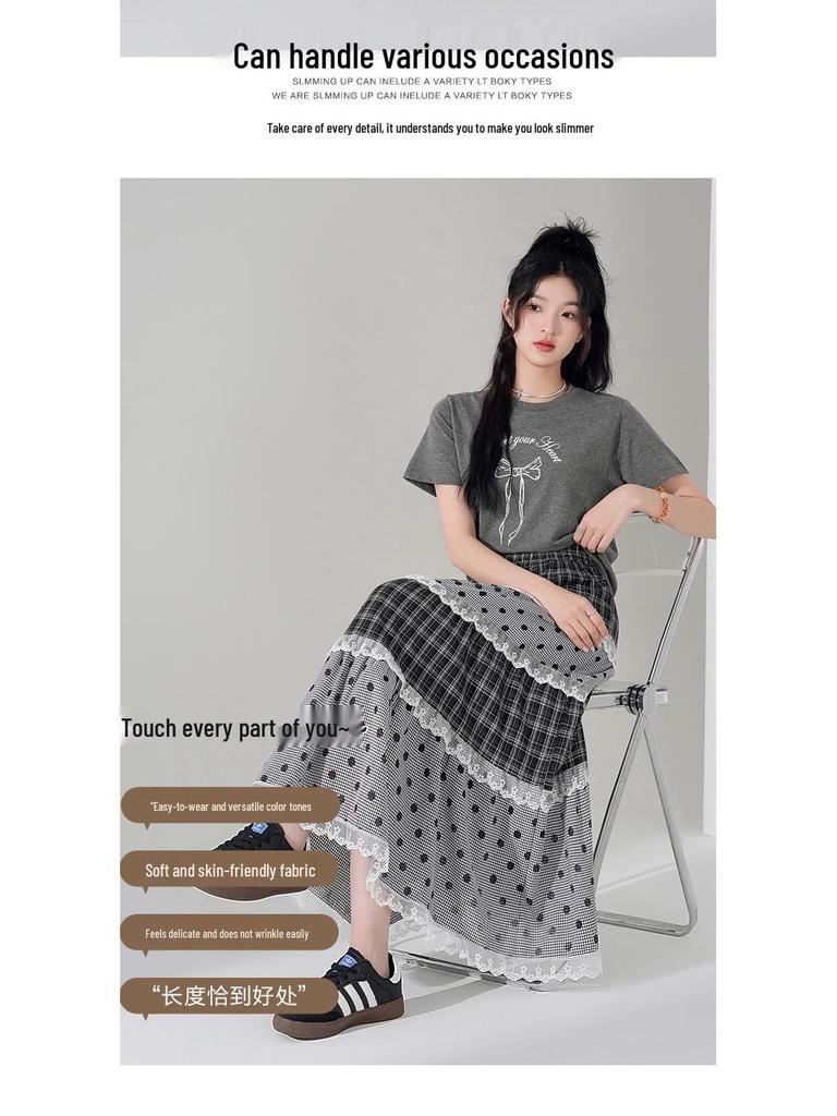 Jupe Midi en Dentelle à Pois Japonais: Ligne A, Étages, Doux, Style Collège pour la Garde-robe d'Été des Femmes