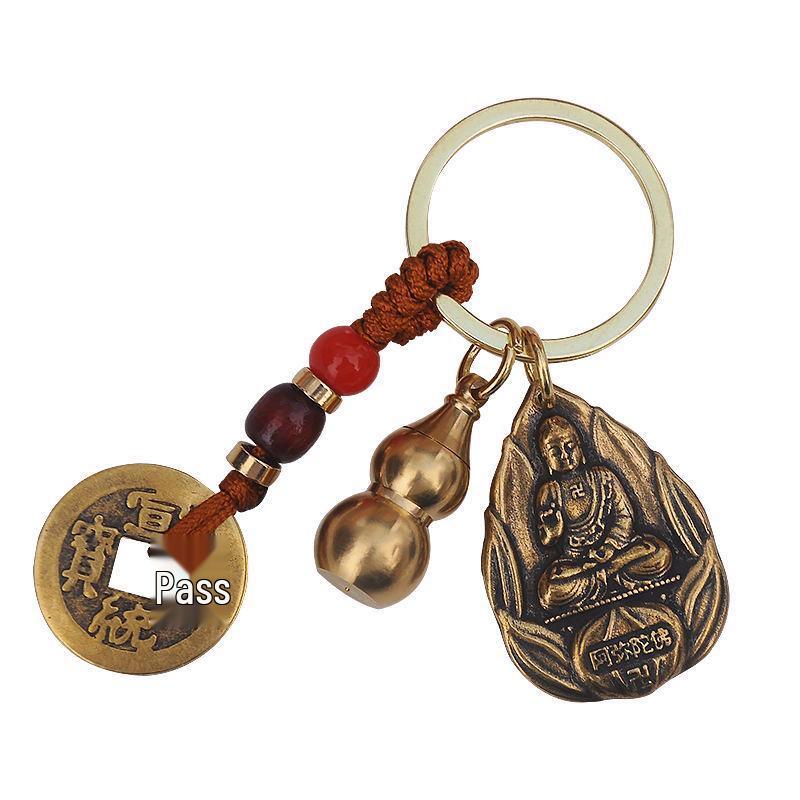 Zodiak Benming Buddha Nyckelring med Åtta Skyddsgudar & Fem Kejsarmynt Ihålig Kalebass Design