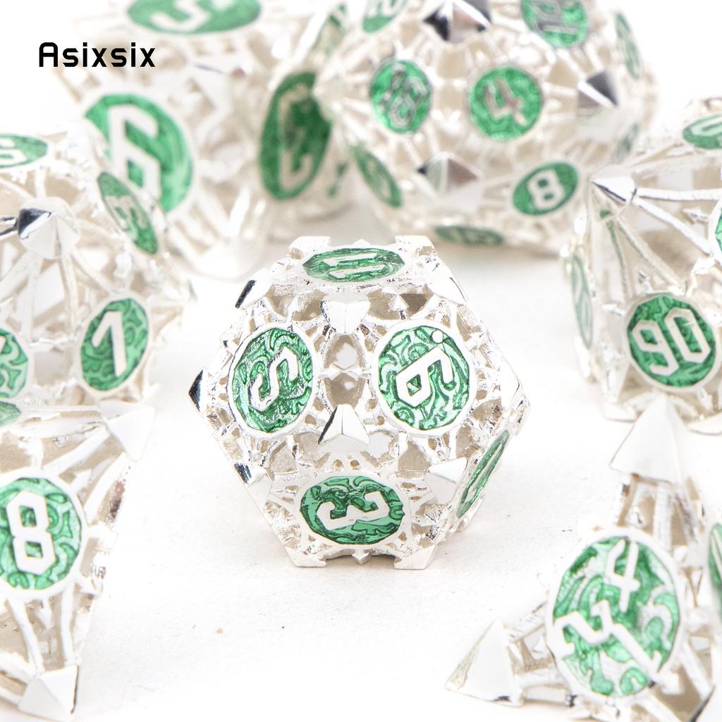 7 Pcs Silver Green Metal Dice Hollow Metal Polyhedral Dice Set Suitable for Role-Playing RPG Board Game Card Game