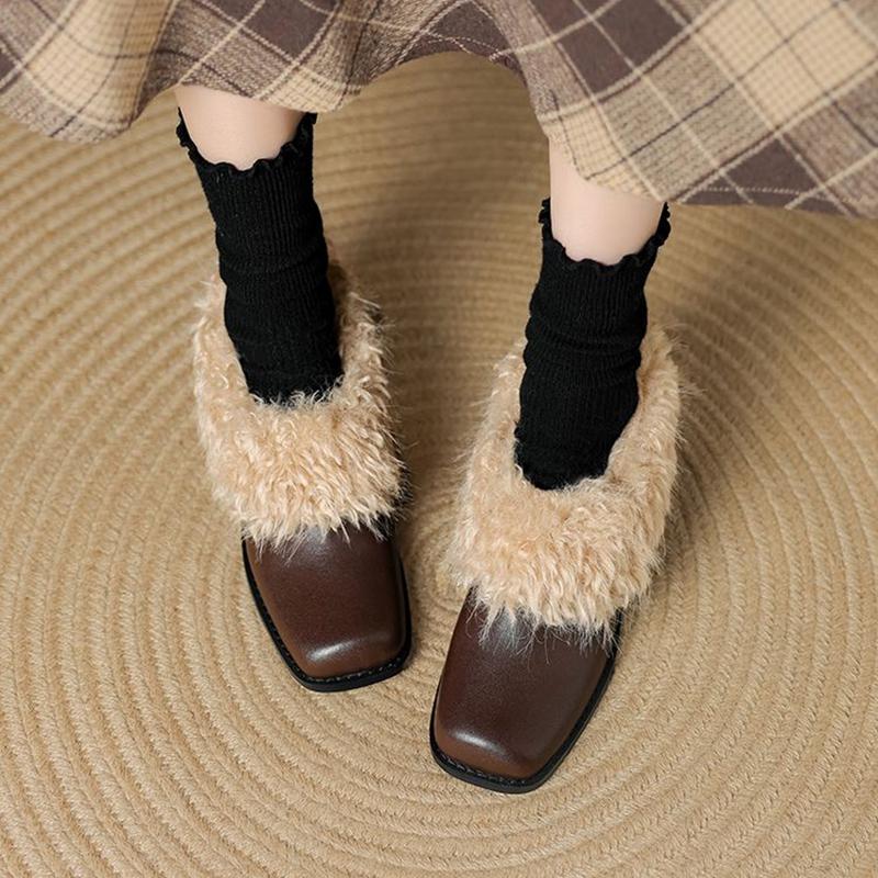 Fashion NEW Winter Women Pumps Square Toe Chunky Heel Shoes Split Leather Shoes for Women Slip-on Modern Shoes Elegant Plush Women Pumps