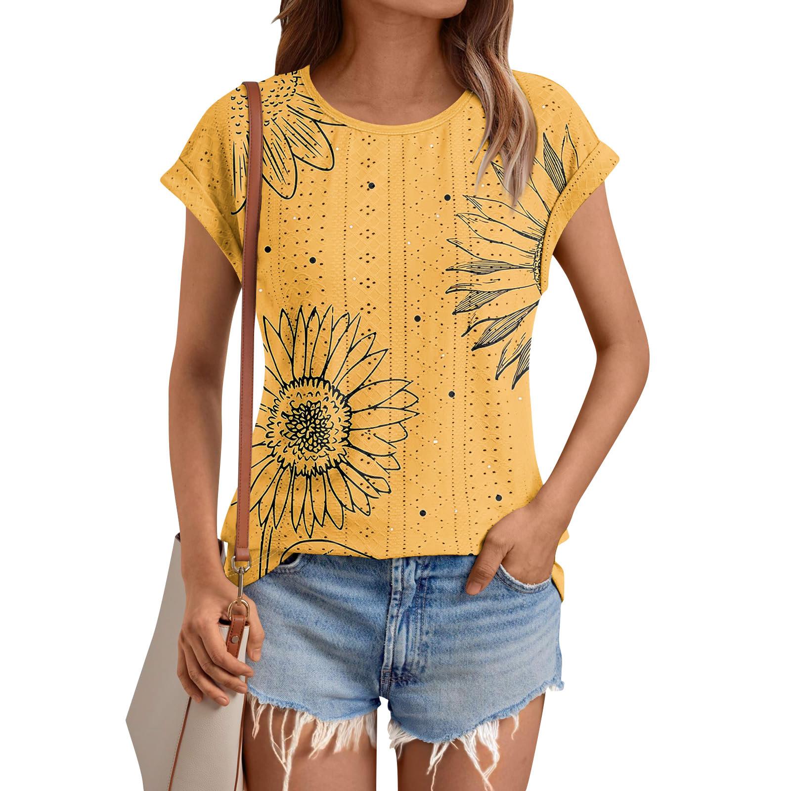 

Женские топы, футболки с коротким рукавом, блузки с принтом, нарядные повседневные ажурные вышивки, летняя модная одежда XL жёлтый