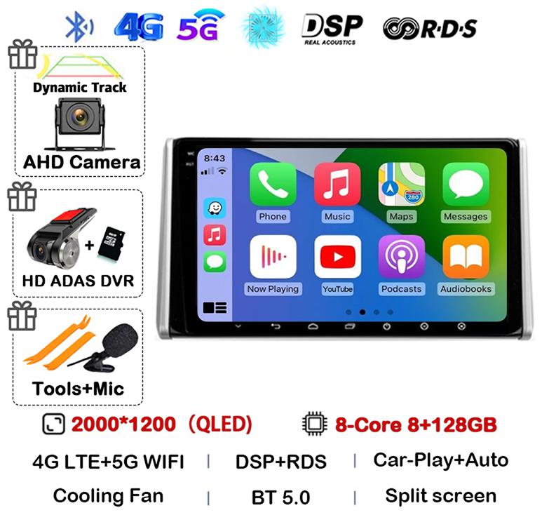 Android 14 Carplay Auto For Toyota RAV4 XA50 2018 2019 2020 Car Radio GPS Multimedia Player Stereo 4G WIFI 360 Camera Head Unit