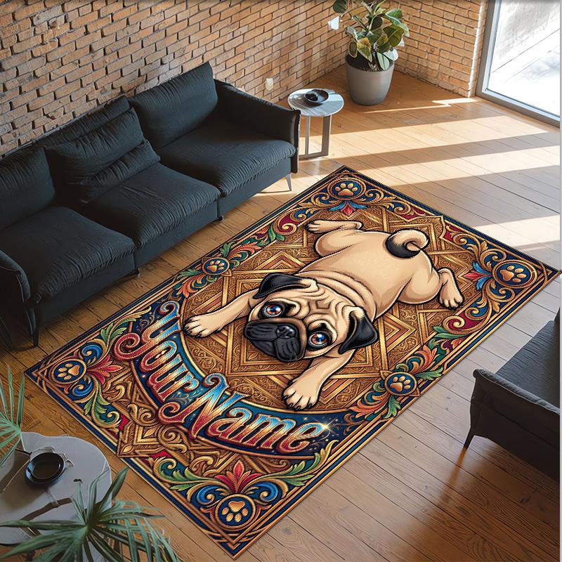 Pug Theme Crystal Velvet Floor Rug Personalized Custom Name Text Warm Carpet Home Decoration