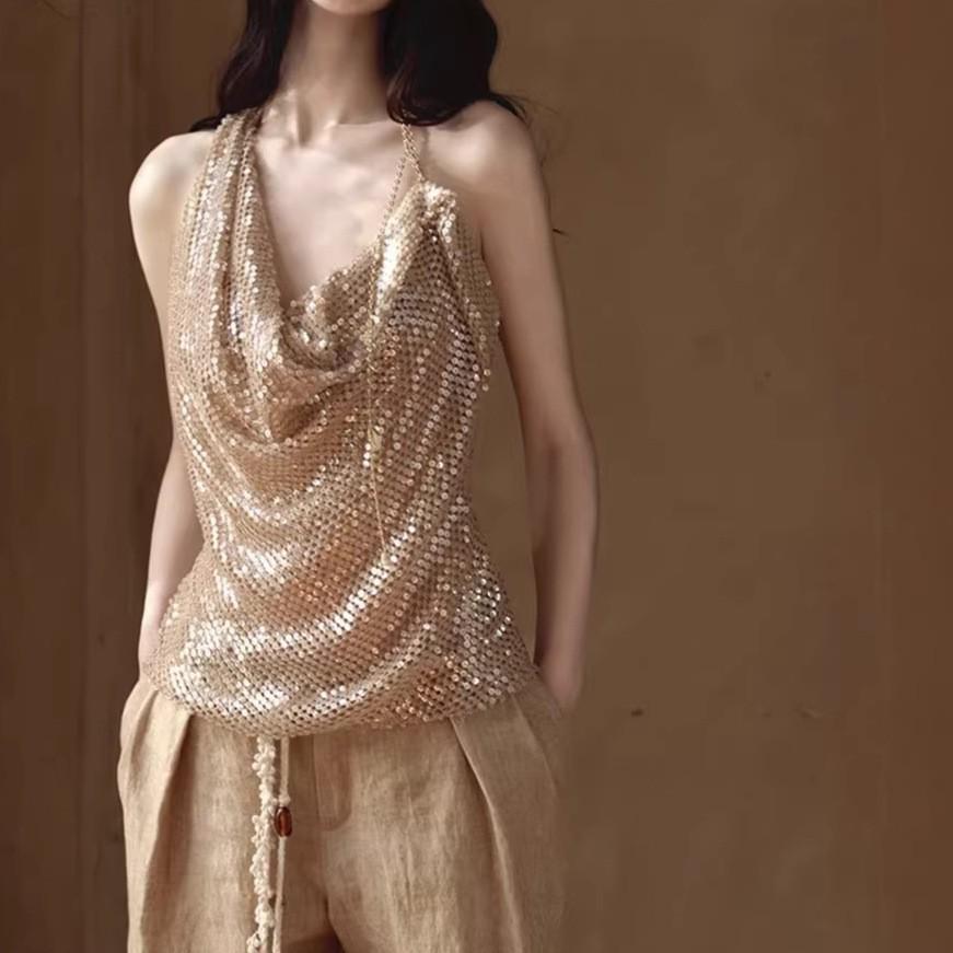 Mermaid Sequin Beaded Ruffle Halter Top Small золотой