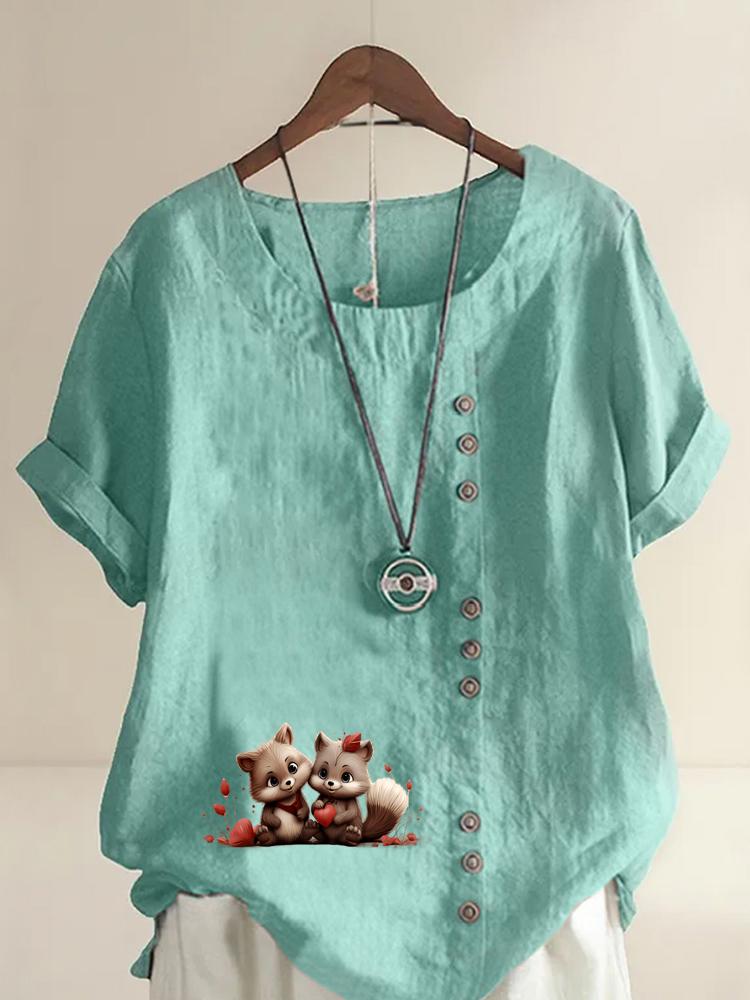 Women's Fashion Couple Bear Print Round Neck Short Sleeve T-shirt Summer Casual Cotton Linen Graphic Shirt Leisure Loose Blouse Tops