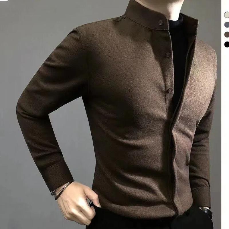 

Business Casual Men Shirts Spring Autumn New Solid Color Lapel Covered Button Korean Streetwear Fashion Office Social Long Sleeve Tops M кофейный