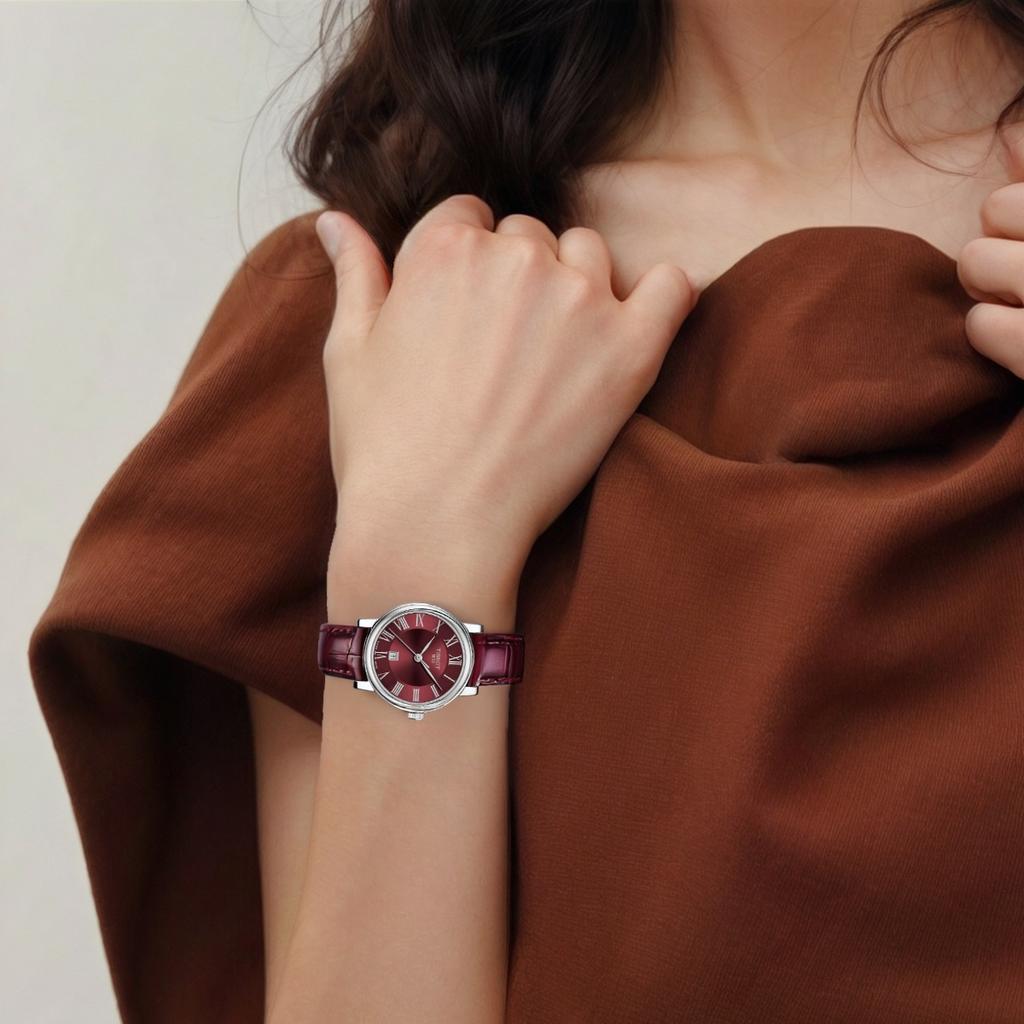 Tissot Carson Series Quartz Movement Bordeaux Red Calendar Watch 30mm Red Dial Stainless Steel Case Leather Strap Women watches T122.210.16.373.00