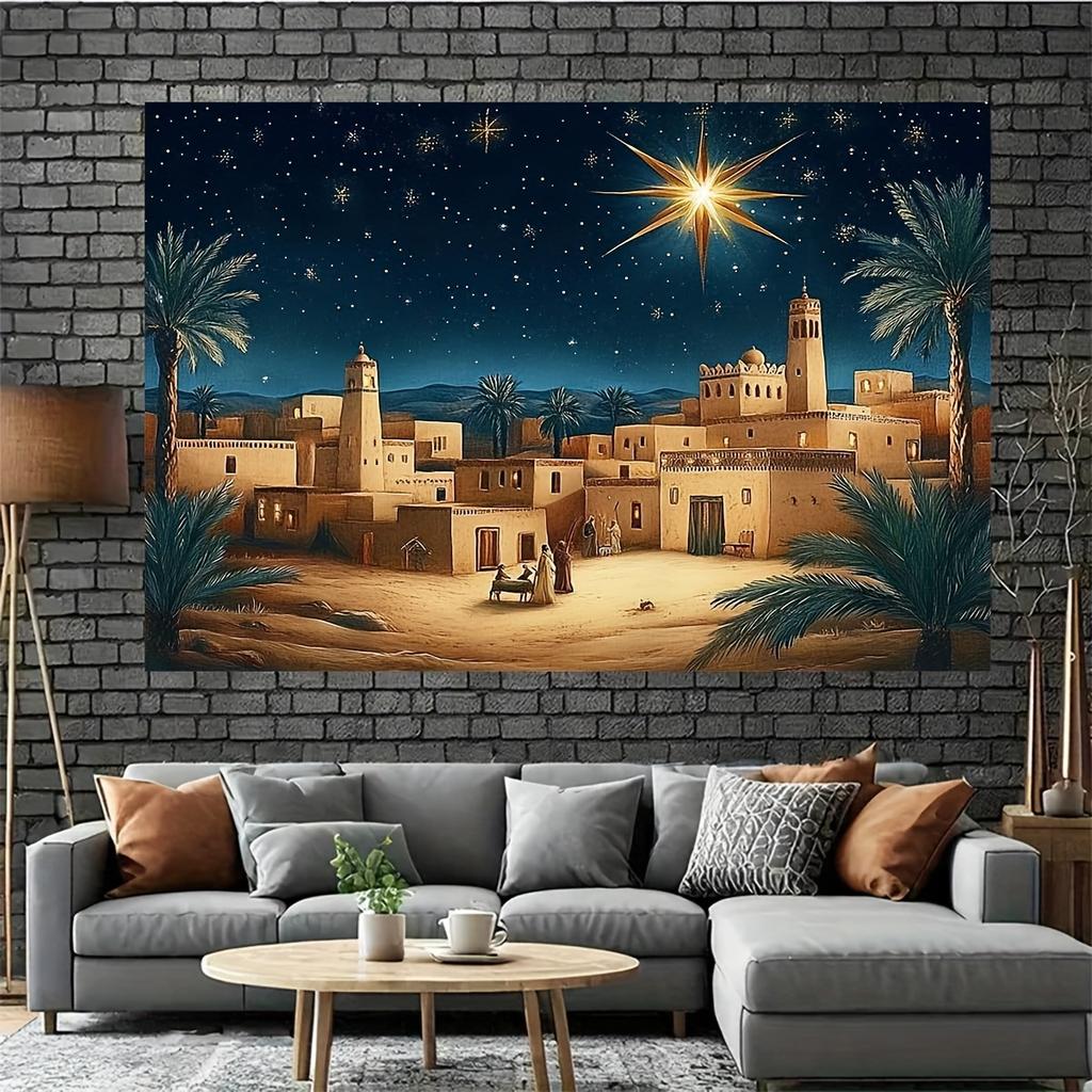 1 Bethlehem Star Christmas Background Banner - Peaceful Night Sky and Palm Tree Design, Multiple Sizes To Choose from