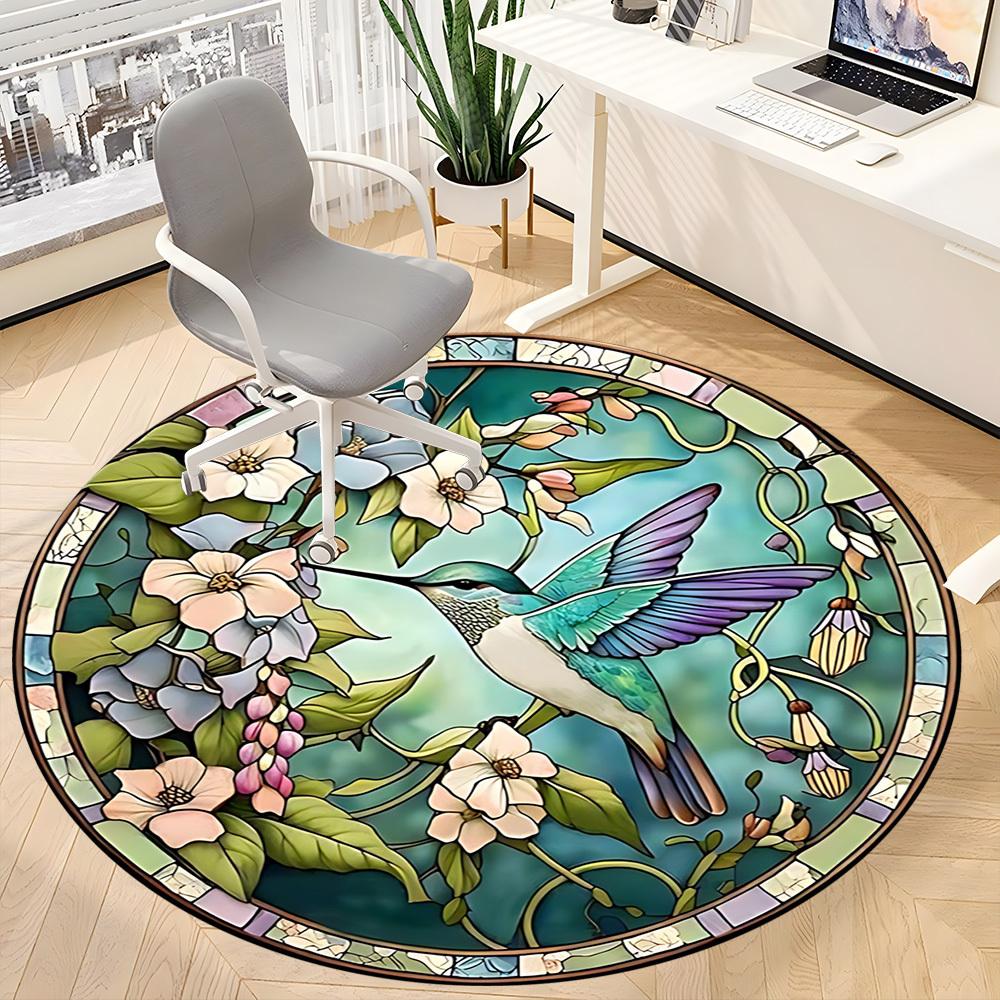 1pc Hummingbird Flowers Office Round Rug, Carpet for Office, Gaming, Lightweight Round Floor Mat yy260205019