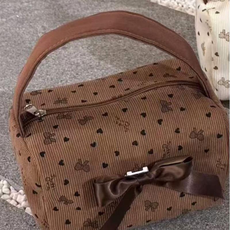 Fashi Floral Print Makeup Bag New Bow-decorated Toilet Bag Portable Thickened Handbag Color-blocking Design Women's Travel Bag