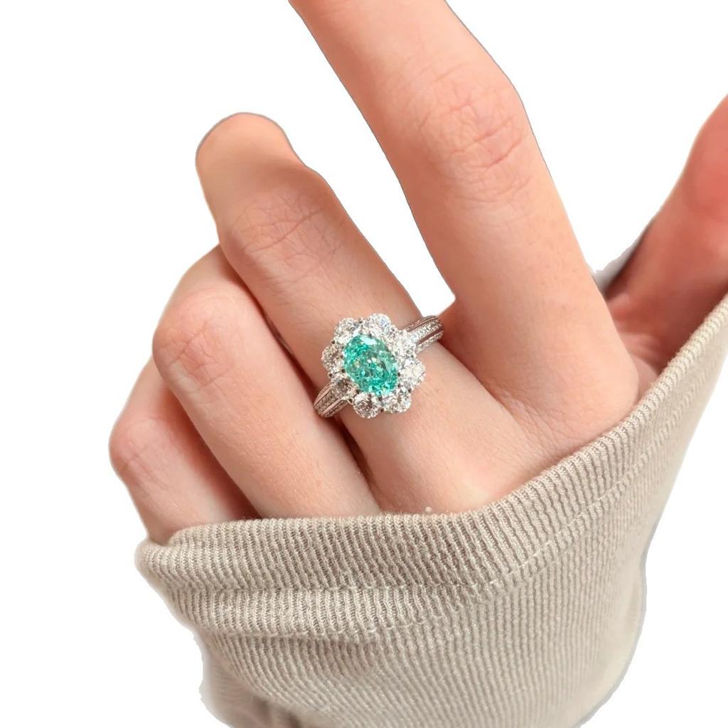 2026 Atmosphere Mint Paraiba Female Tanzanian Blue Group Set Zircon Ring Light Luxury Color Treasure