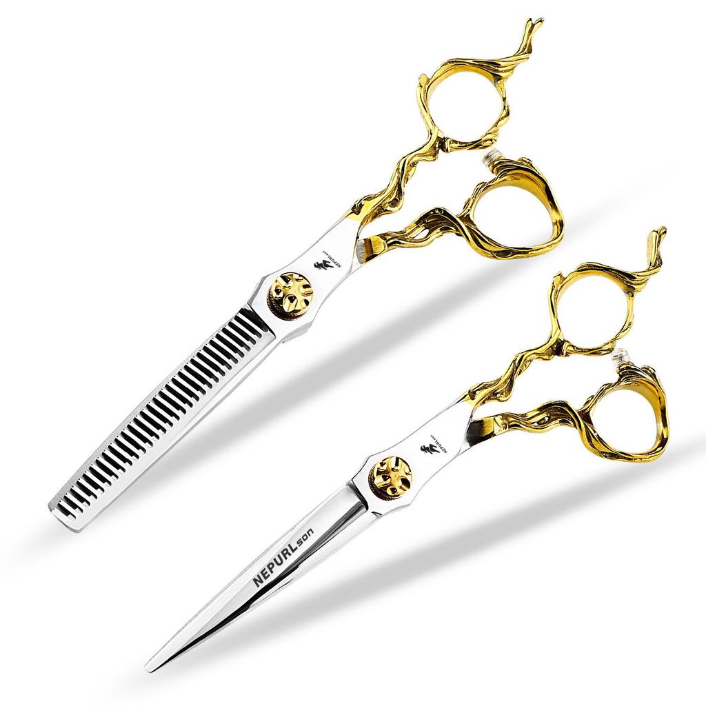 6.0" Gold Tree Root Handle Hairdressing Scissors - Straight & Thinning Shears