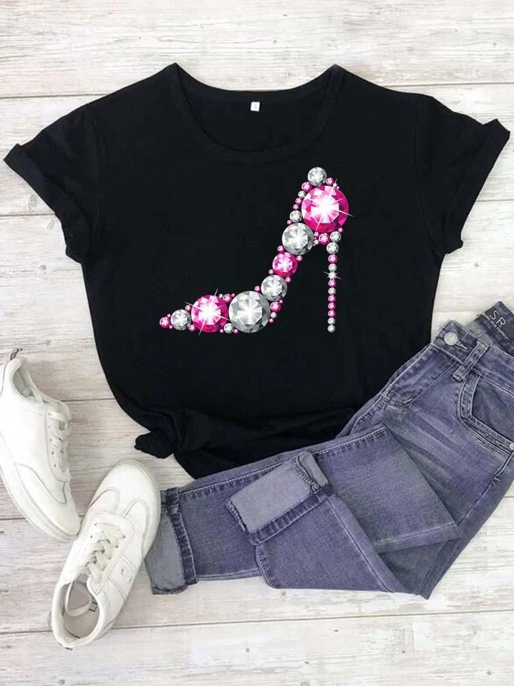 Modisches bedrucktes High-Heel-T-Shirt für Damen Modisches weißes Kurzarm-T-Shirt mit Schleifendesign Lässiges Home-Top für Mädchen