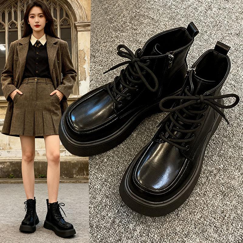 Retro Sweet and Cool Martin Boots Women's Autumn and Winter Velvet New Ins British Style Thick-soled Heightening Short Boots