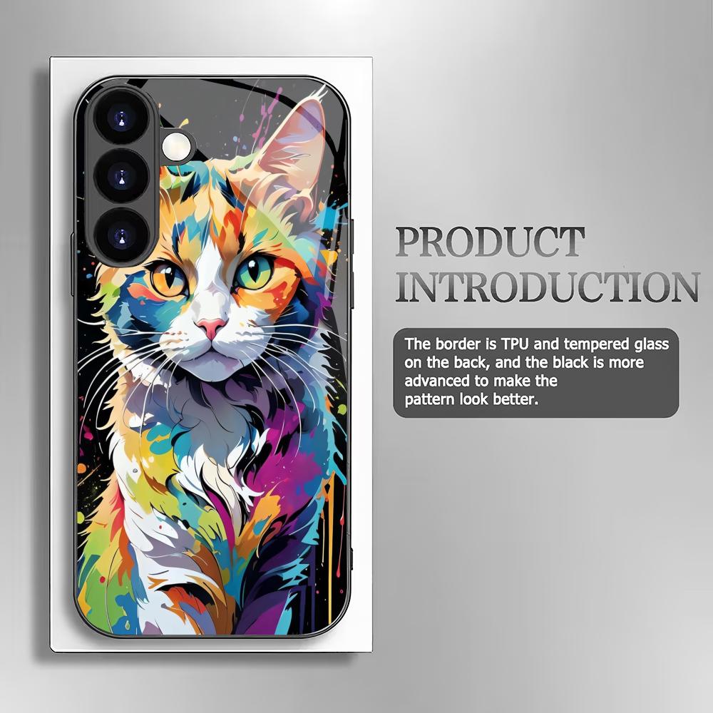 Colorful Cat Black Tempered Glass Phone Case Suitable for Samsung Galaxy S26 S25 S24 S23 S22 S21 S20 FE/Ultra/Plus Anti Fall