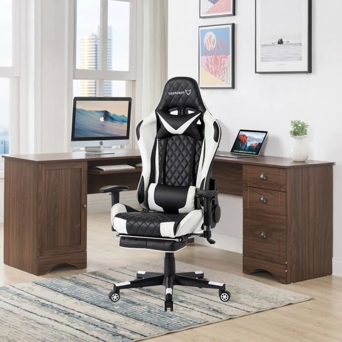Chaise gamer - Foxsport - Ergonomique - Repose-pieds télescopique - Réglable en hauteur - Cuir blanc