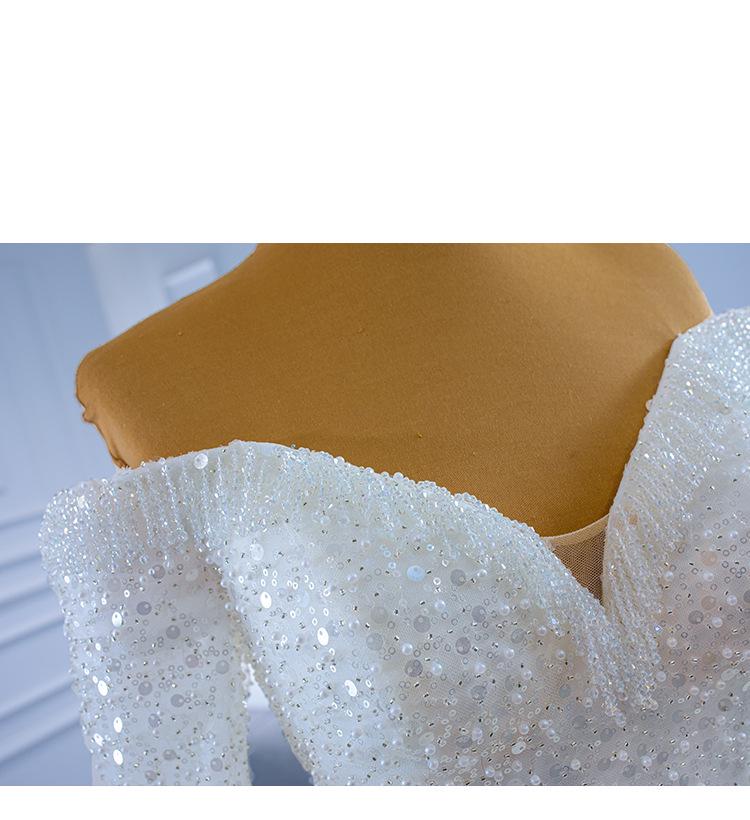 2026 French Wedding Dress: Retro One-Shoulder Long Sleeve with Heavy Beading and Long Train.