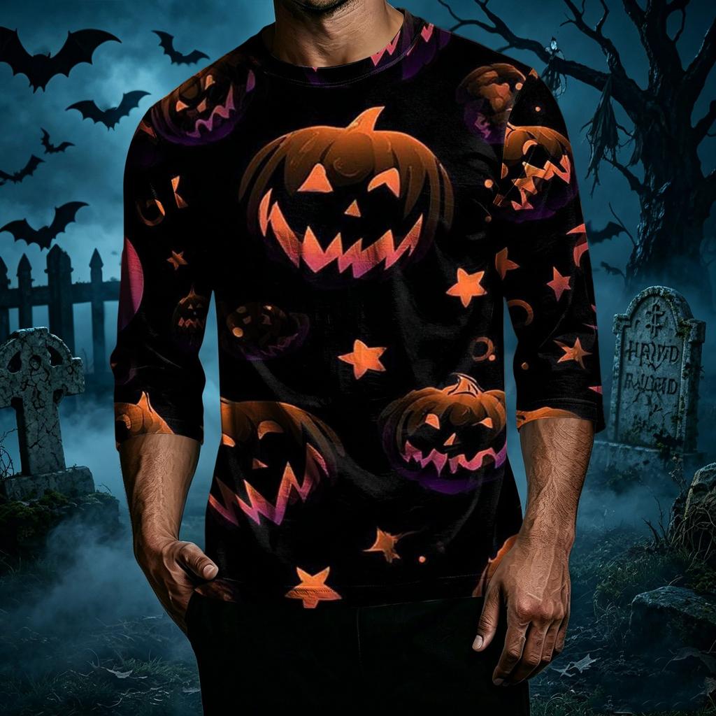 Men's Casual Halloween Print Crew Neck T Shirt Three Quarter Sleeve Top Comfortable Fit Seasonal Style