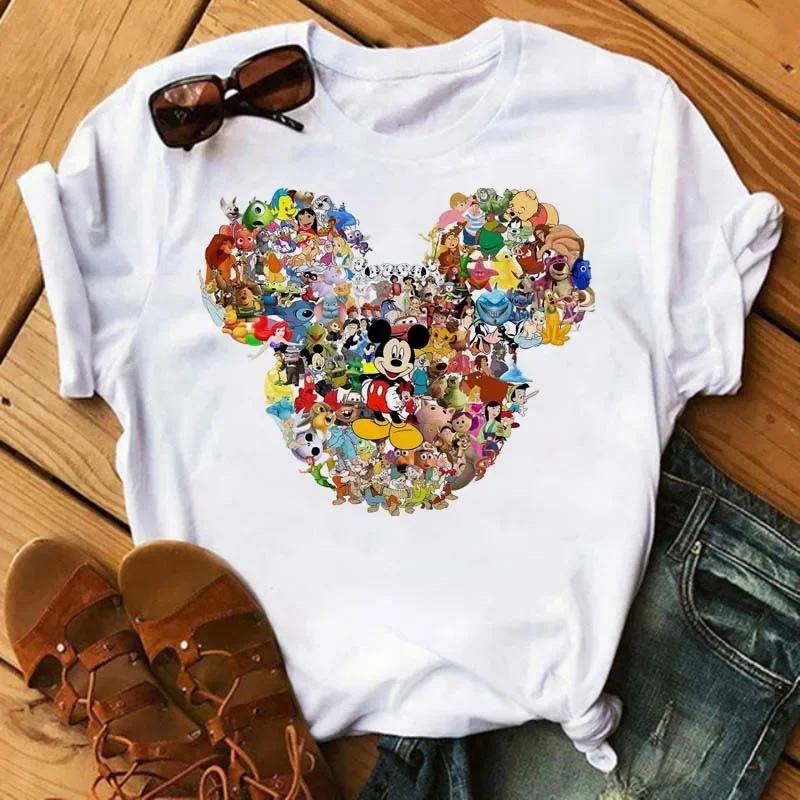 T-shirt ample mignon Disney à manches courtes pour femme avec tête de Mickey Mouse imprimée Mode Motif Haut en Coton