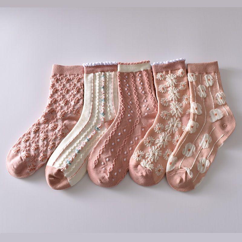 5 Stück/weiße florale Mid-Tube-Socken für Damen, trendige japanische Pudernebelfarbe, Student Loli Spring, dünner Abschnitt, JK-Socken, Pink, Neu