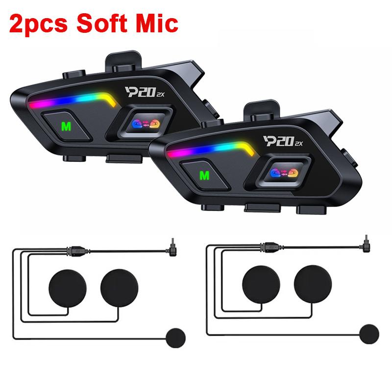 1/2Pcs P20 2X Motorcycle Helmet Intercom Bluetooth Headset Long Standby 1000mAh MP3 Player Waterproof Hands-free Interphone