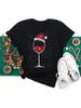 Maycaur Damen Weinglas Weihnachtsmützen Schwarzes T-Shirt Weihnachten Xmas Geschenke Cartoon Oberteil T-Shirt Harajuku Mode Neujahr T-Shirt