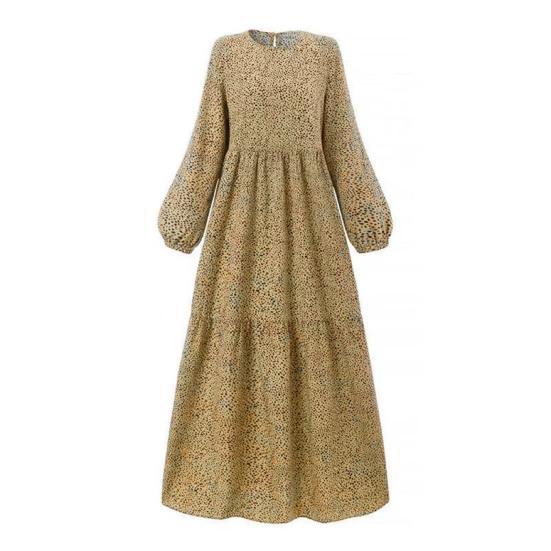 Women Maxi Dress O Neck Long Sleeve Loose A-line Big Hem Dot Print Vintage Soft Patchwork Dubai Turkey Abaya Long Robe Dress