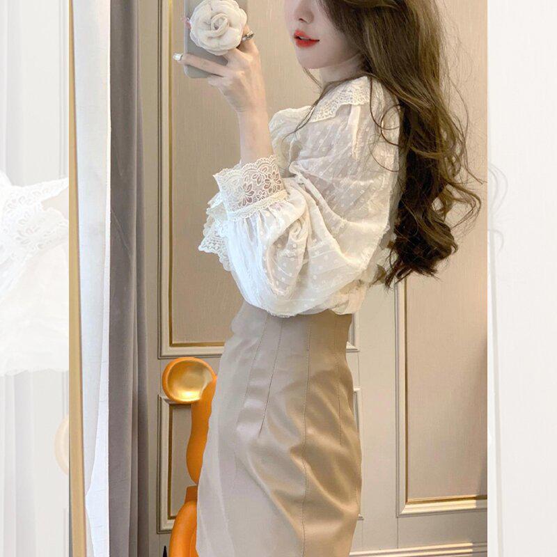 Women's Lace Ruffle Puff Sleeve Shirt - Chic Korean Style Exquisite Spring & Autumn Top