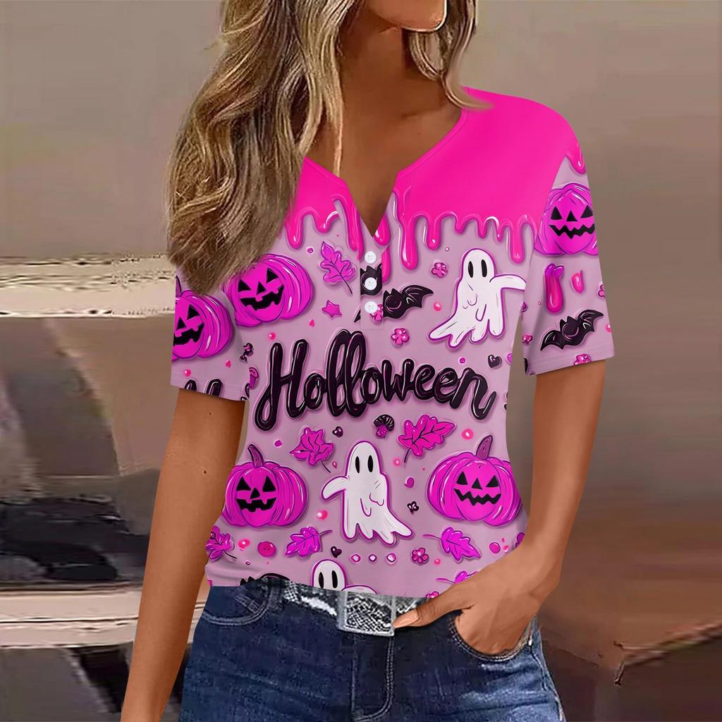 Women's T Shirt Halloween Print Button Short Sleeve Daily Weekend Fashion Basic V- Neck Regular Top