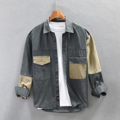 Cămașă cu mânecă lungă din bumbac țesut cu granulație spălată cu patch zilnic pe mânecă pentru bărbați Trend retro utilitar pentru tineret Palton subțire
